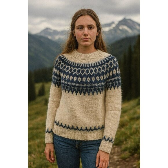 Blue Tops - Vintage Nordic Sweater Style Pullover White Blue Knit